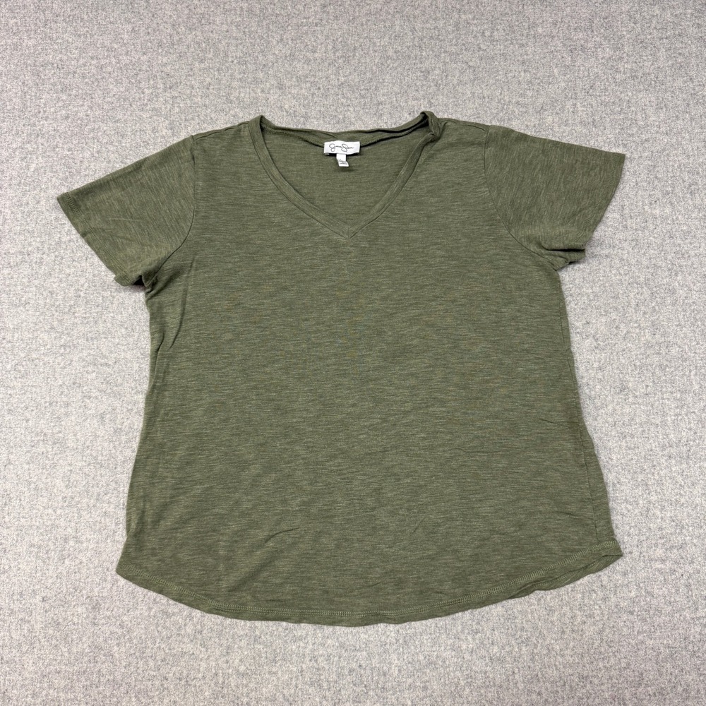 Jessica Simpson V-Neck T-Shirt Size Large Olive Green Short Sleeve Slub Knit Top